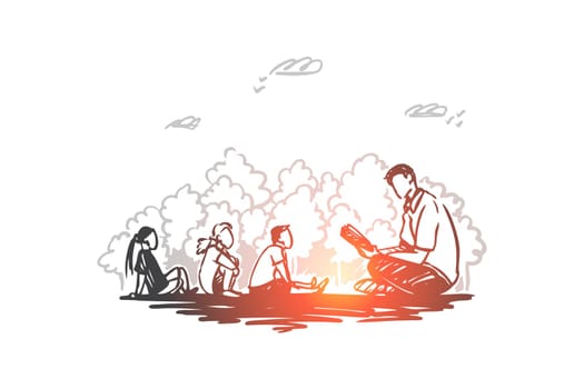 Teacher, education, knowledge, lesson concept. Hand drawn male teacher and pupils sitting outdoor concept sketch. Isolated vector illustration.
