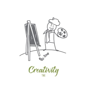 Vector hand drawn Creativity time concept sketch. Painter looking agaist his artwork and looking at it
