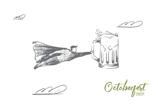 Octoberfest concept. Hand drawn superhero with mug of beer the symbol of traditional german festival. Flying man holds beaker with beer isolated vector illustration.