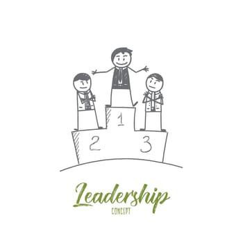 Vector hand drawn Leadership concept sketch. Business people standing on podium and looking at leader