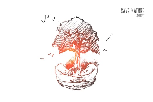 Save nature concept. Hand drawn human hands with tree. Caring for green planet isolated vector illustration.