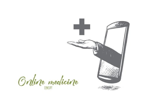 Online medicine concept. Hand drawn doctor's hand in mobile phone. Medical consultation via smartphone isolated vector illustration.