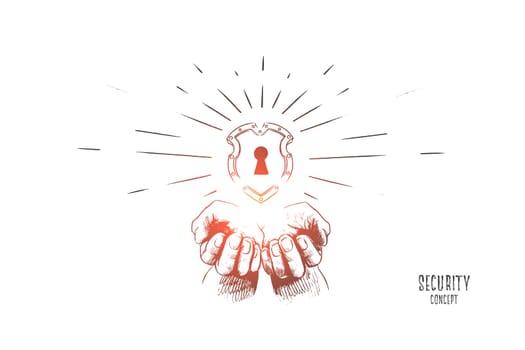 Security concept. Hand drawn human hands with security icon shield. Lock security icon isolated vector illustration.