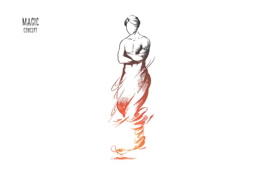 Magic concept. Hand drawn cartoon Genie coming out of magic lamp. Genie Aladdin from famous fairytale isolated vector illustration.