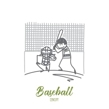 Baseball concept. Hand drawn people playing baseball. Players at field with ball and baseball bat isolated vector illustration.