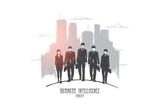 Business intelligence concept. Hand drawn businessmen and businesswomen, modern building on background. Business people in suits isolated vector illustration.