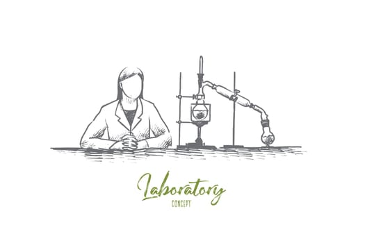 Laboratory concept. Hand drawn female laboratory assistant and chemistry equipment. Science equipment in chemistry laboratory isolated vector illustration.