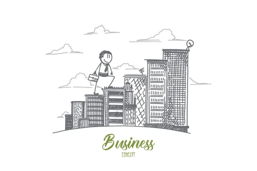 Business concept. Hand drawn businessman analyzing real estate market. Man making business growth isolated vector illustration.
