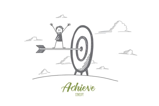 Achieve concept. Hand drawn arrow in the center of target. Happy person who achieved the goal isolated vector illustration.