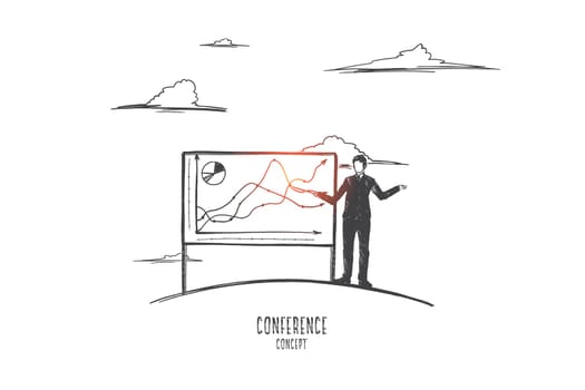 Conference concept. Hand drawn manager with pointer presenting report. Work conference, demonstration of the results of work isolated vector illustration.