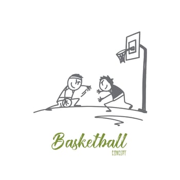 Basketball concept. Hand drawn people playing basketball. Two athlethes playing basketball outdoors isolated vector illustration.