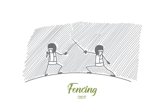 Fencing concept. Hand drawn fencing players on ring. Two fencers attack each other isolated vector illustration.
