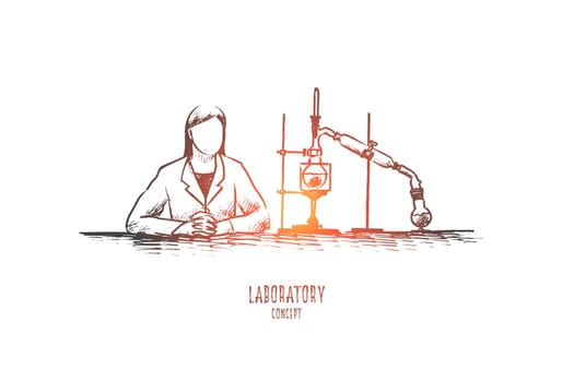 Laboratory concept. Hand drawn female laboratory assistant and chemistry equipment. Science equipment in chemistry laboratory isolated vector illustration.