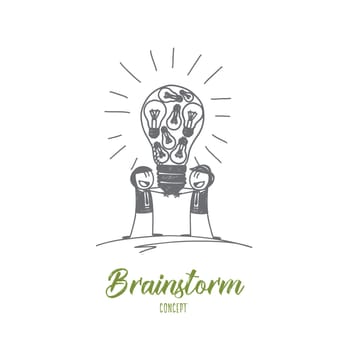 Brainstorm concept. Hand drawn brainstorming process. People sharing their ideas isolated vector illustration.