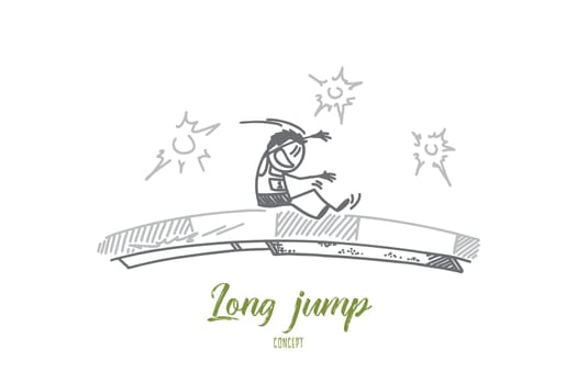 Long jump concept. Hand drawn male person practicing long jump. Athlete on sport competition isolated vector illustration.