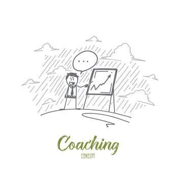 Coaching concept. Hand drawn coach near chipboard teaching people. Training process isolated vector illustration.