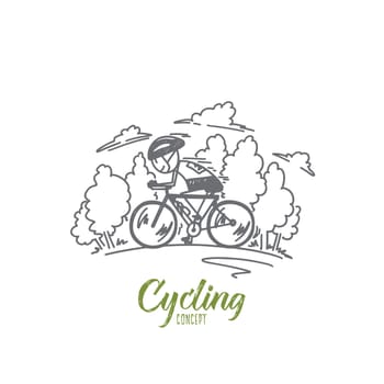 Cycling concept. Hand drawn man cycling road bike. Cyclist moving on bike isolated vector illustration.