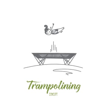 Trampolining concept. Hand drawn young female sportsman jumping on a trampoline. Woman jumping on trampoline isolated vector illustration.