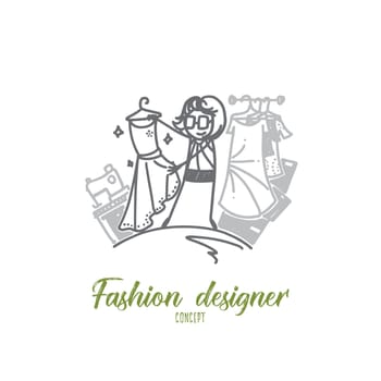 Fashion designer concept. Hand drawn female fashion designer working on garment. Dressmaker isolated vector illustration.