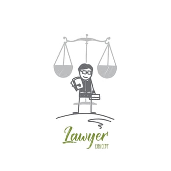 Lawyer concept. Hand drawn young lawyer business man working with paperwork. Libra the symbols of law isolated vector illustration.