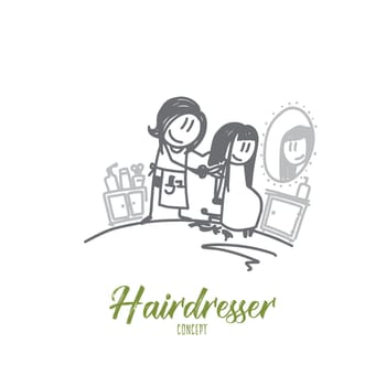 Hairdresser concept. Hand drawn female hairdresser making haircut. Hairstylist and client in salon isolated vector illustration.