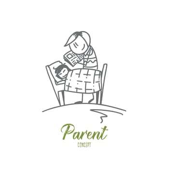 Parent concept. Hand drawn mother and kid bedroom. Father reading a book to child isolated vector illustration.