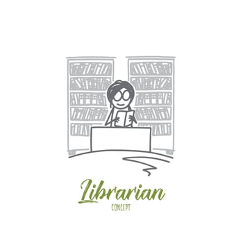 Librarian concept. Hand drawn female librarian in the library. Woman and books on background isolated vector illustration.
