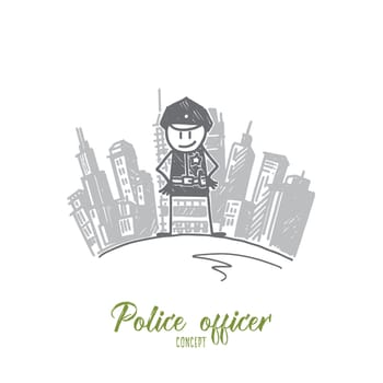 Police officer concept. Hand drawn police officer standing in front of city buildings. Policeman in uniform isolated vector illustration.