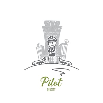 Pilot concept. Hand drawn confident male pilot. Pilot in uniform keeping arms crossed and smiling isolated vector illustration.