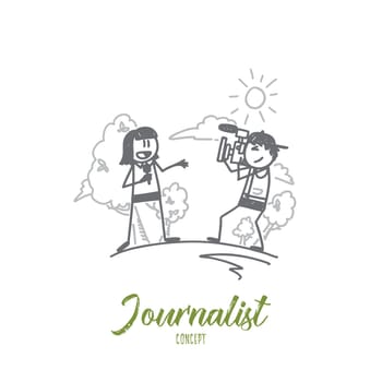 Journalist concept. Hand drawn journalist and operator. Correspondent making news isolated vector illustration.