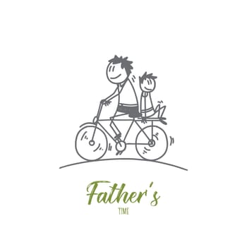 Fathers time designer concept. Hand drawn father and son cycling. Concept of happy friendly family isolated vector illustration.