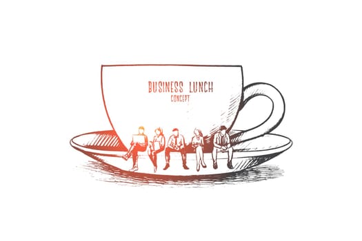 Business lunch concept. Hand drawn Business people meeting and eating lunch. Symbolic big cup of coffee isolated vector illustration.