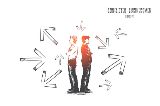 Conflicted businessman concept. Hand drawn conflicted businessmen choosing between directions with arrows around them. Difficult choice and hard decision isolated vector illustration.