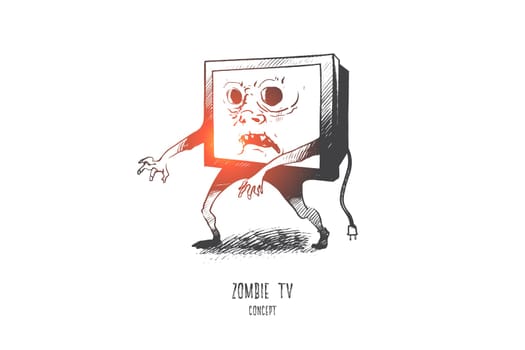 Zombie TV concept. Hand drawn media zombie person with tv set instead of head. Man with television head isolated vector illustration.