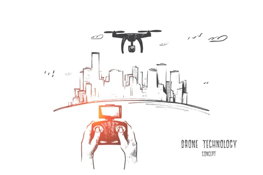 Drone technology concept. Hand drawn person control flight of drone. Hands of pilot of quadrocopter aero videography isolated vector illustration.