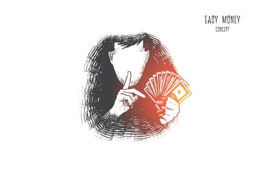 Easy money concept. Hand drawn person find a way to get a lot of money very fast and easy. Chance to become rich isolated vector illustration.