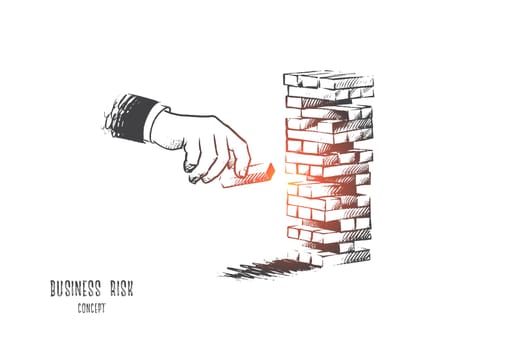 Business risk concept. Hand drawn hand of businessman placing out wood block on tower. Risk and strategy in business isolated vector illustration.