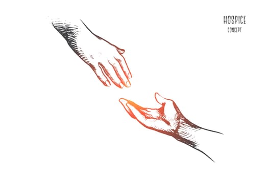 Hospice concept. Hand drawn one person ready help to another. Hand holding elder hand in hospice care isolated vector illustration.