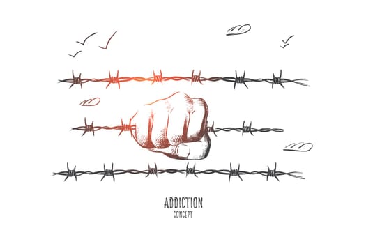 Mobbing concept. Hand drawn hand holds a barbed wire. Concept of hopelessness and addiction isolated vector illustration.