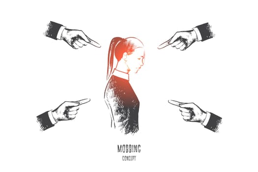Mobbing concept. Hand drawn many hands pointing on woman. Person is suffering mobbing in workplace isolated vector illustration.