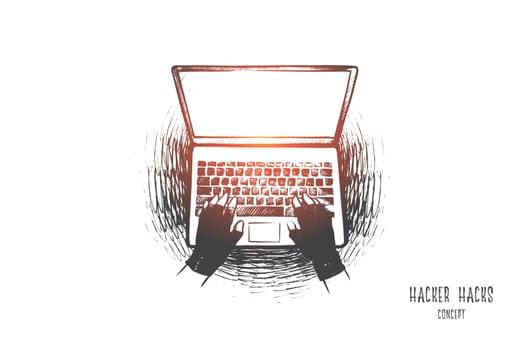 Hacker hack concept. Hand drawn person is ready to start hacking laptop. Network security and privacy crime isolated vector illustration.