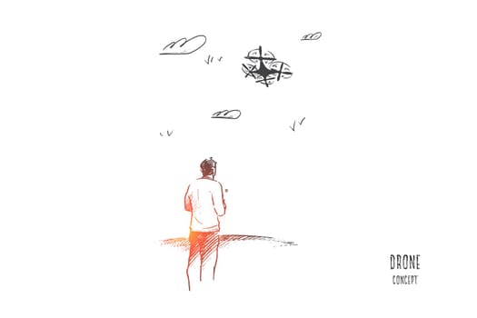 Drone concept. Hand drawn man with remote control and drone outdoor. Person flying drone with remote control isolated vector illustration.