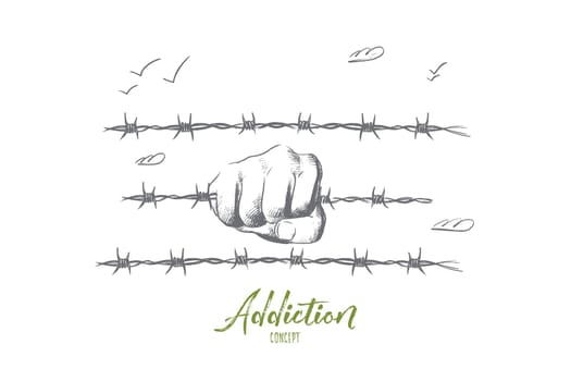 Mobbing concept. Hand drawn hand holds a barbed wire. Concept of hopelessness and addiction isolated vector illustration.