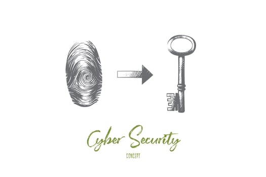 Cyber security concept. Hand drawn digital fingerprint and key. Symbols of internet protection isolated vector illustration.