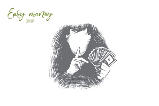Easy money concept. Hand drawn person find a way to get a lot of money very fast and easy. Chance to become rich isolated vector illustration.