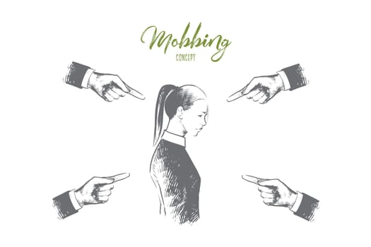 Mobbing concept. Hand drawn many hands pointing on woman. Person is suffering mobbing in workplace isolated vector illustration.