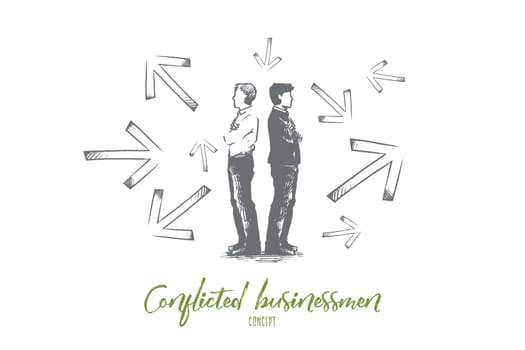Conflicted businessman concept. Hand drawn conflicted businessmen choosing between directions with arrows around them. Difficult choice and hard decision isolated vector illustration.