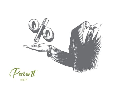 Percent concept. Hand drawn businessman hand with percent sign. Percent symbol on mans hand isolated vector illustration.