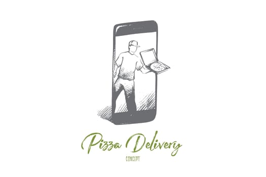 Pizza delivery concept. Hand drawn online pizza order with smartphone. Fast food delivery online service isolated vector illustration.