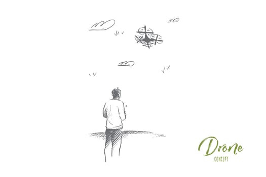 Drone concept. Hand drawn man with remote control and drone outdoor. Person flying drone with remote control isolated vector illustration.